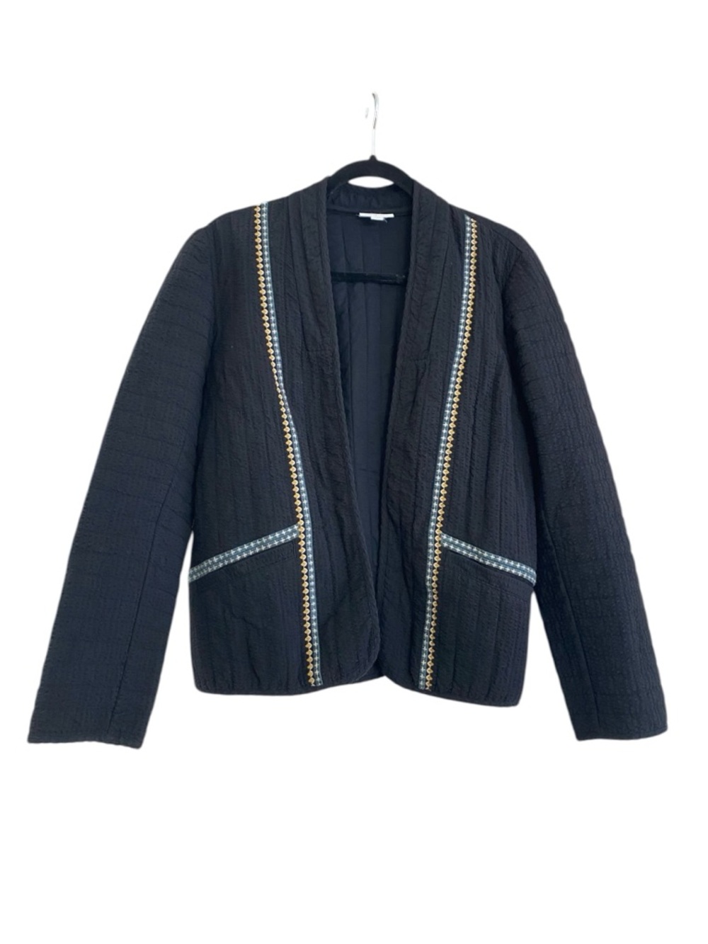Pure J Jill  Black Quilted Open Front Jacket Geometric Embroidery Minimalist